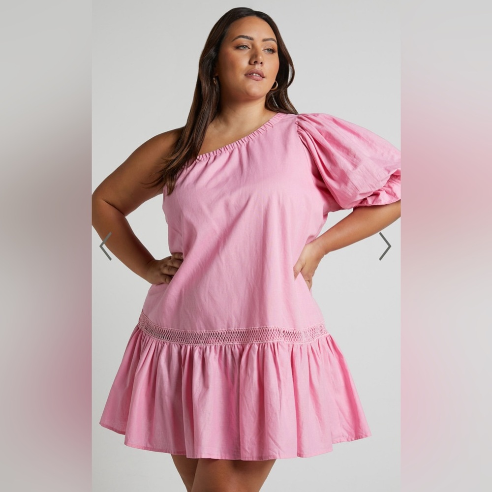 Amalie the Label Linen Blend One Shoulder Puff Sleeve Mink Dress